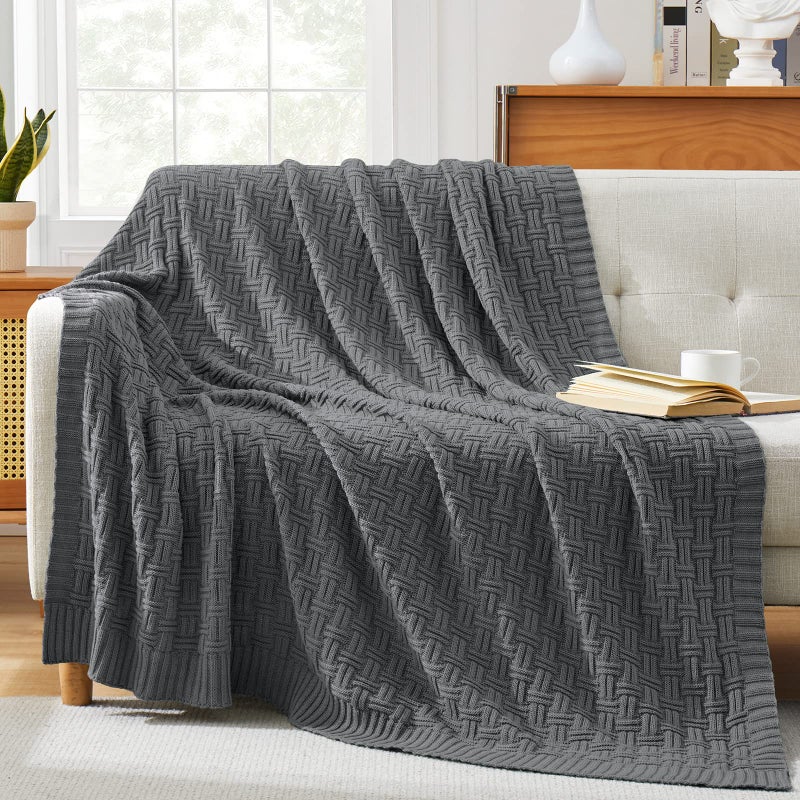 TREELY 100% Cotton Knitted Throw Blanket Couch Cover Blanket(50 x 60 Inches, Dark Grey) - Image 2